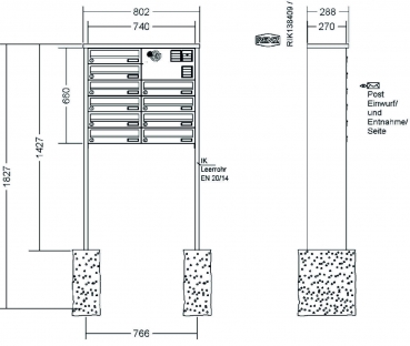 RENZ Briefkastenanlage freistehend, Tetro, Edelstahl V4A, Kastenformat 370x110x270mm, mit Klingel - & Lichttaster und Vorbereitung Gegensprechanlage, 10-teilig